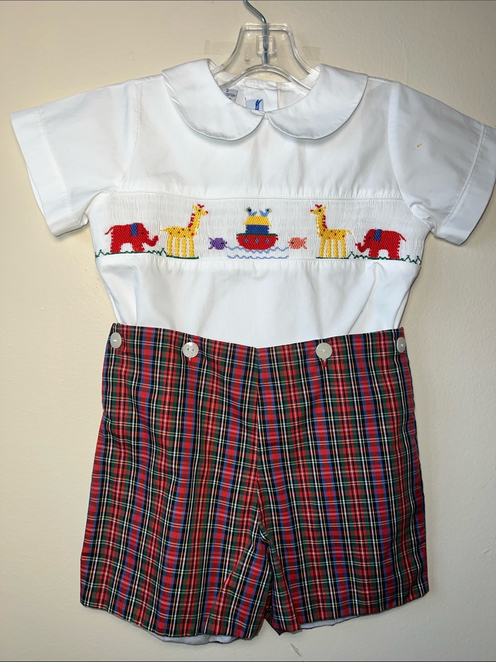 VTG SIlly Goose Hand Smocked Noah's Ark White with Red Plaid Kids Shorts Set NOS